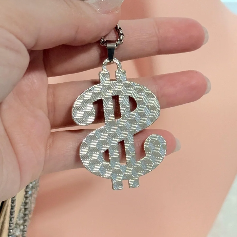 Silver Dollar Sign Pendant Necklace.